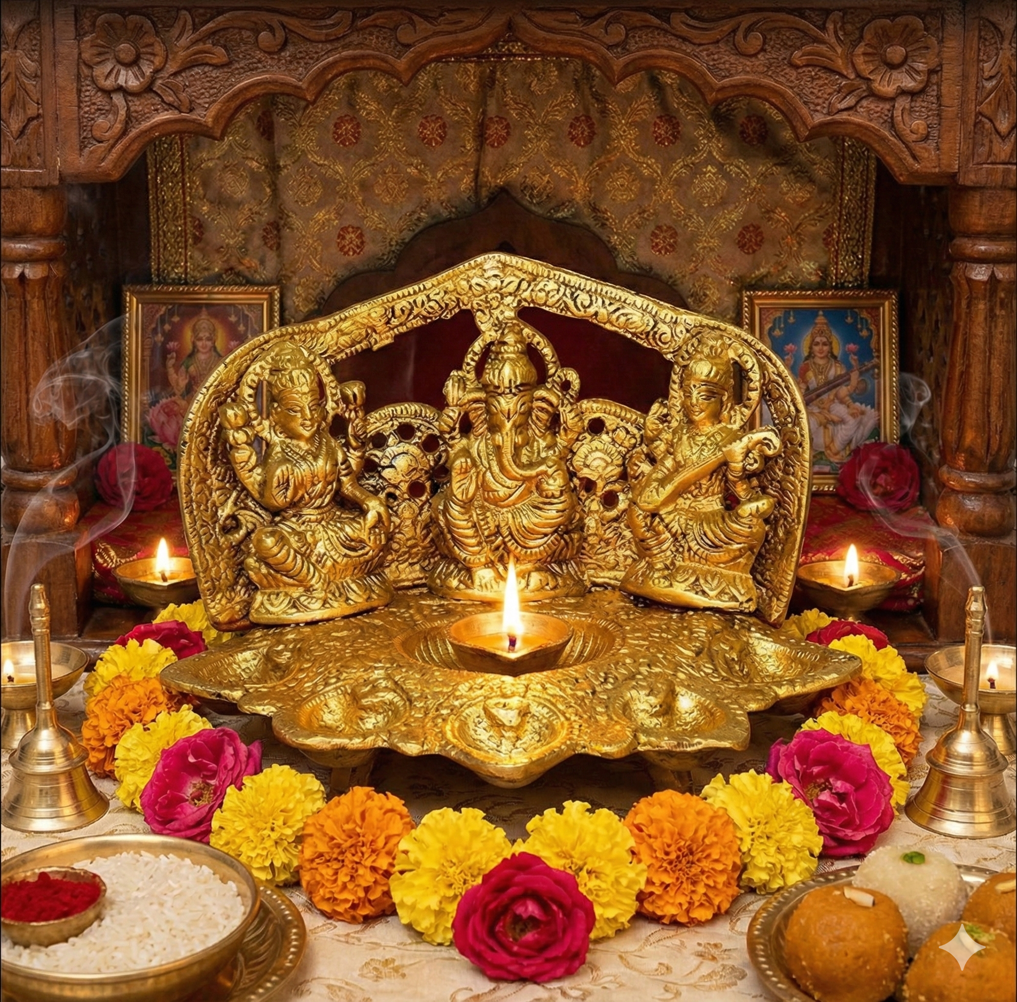 Brass Diya with Lakshmi, Ganesh & Saraswati