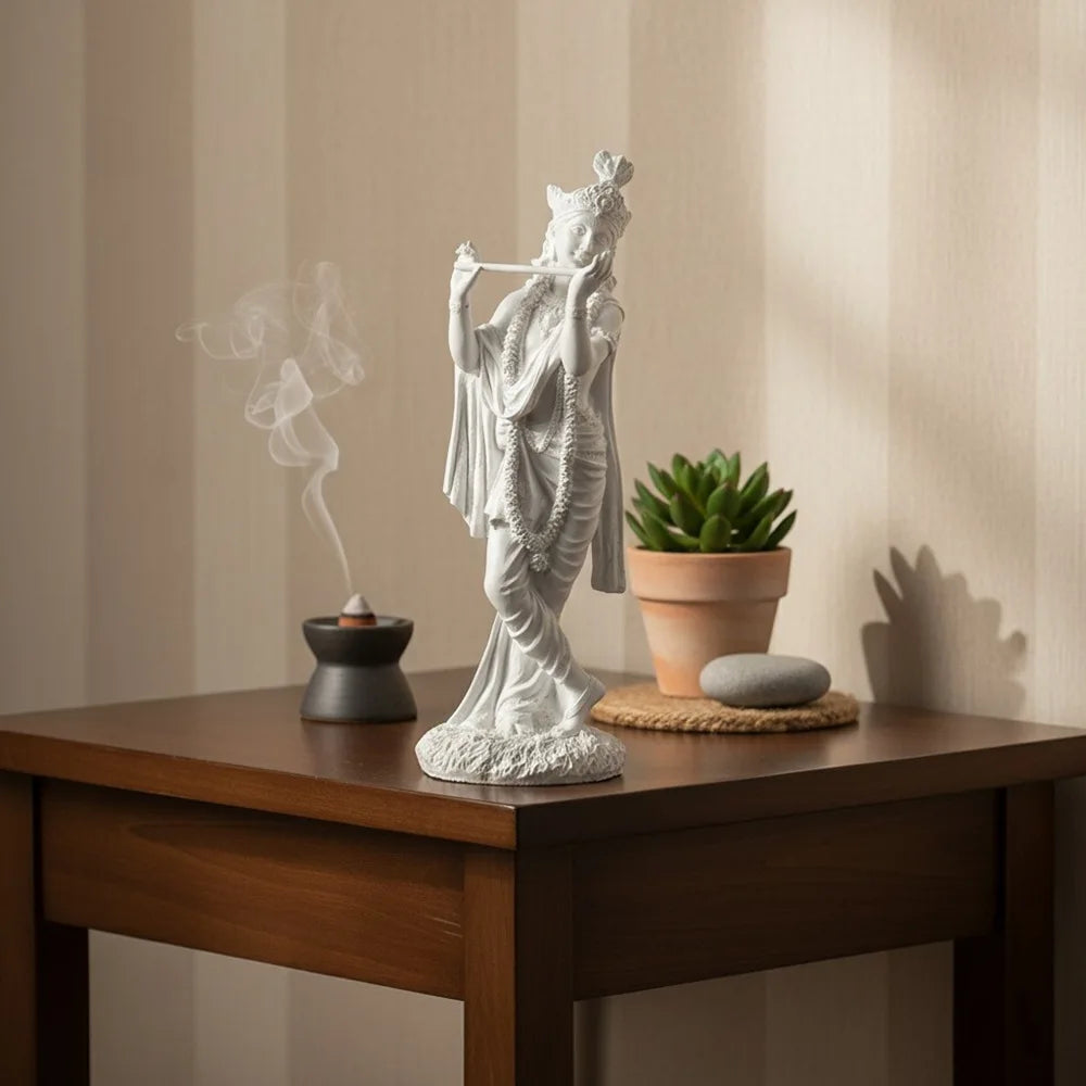 Exquisite White Resin Lord Krishna Statue